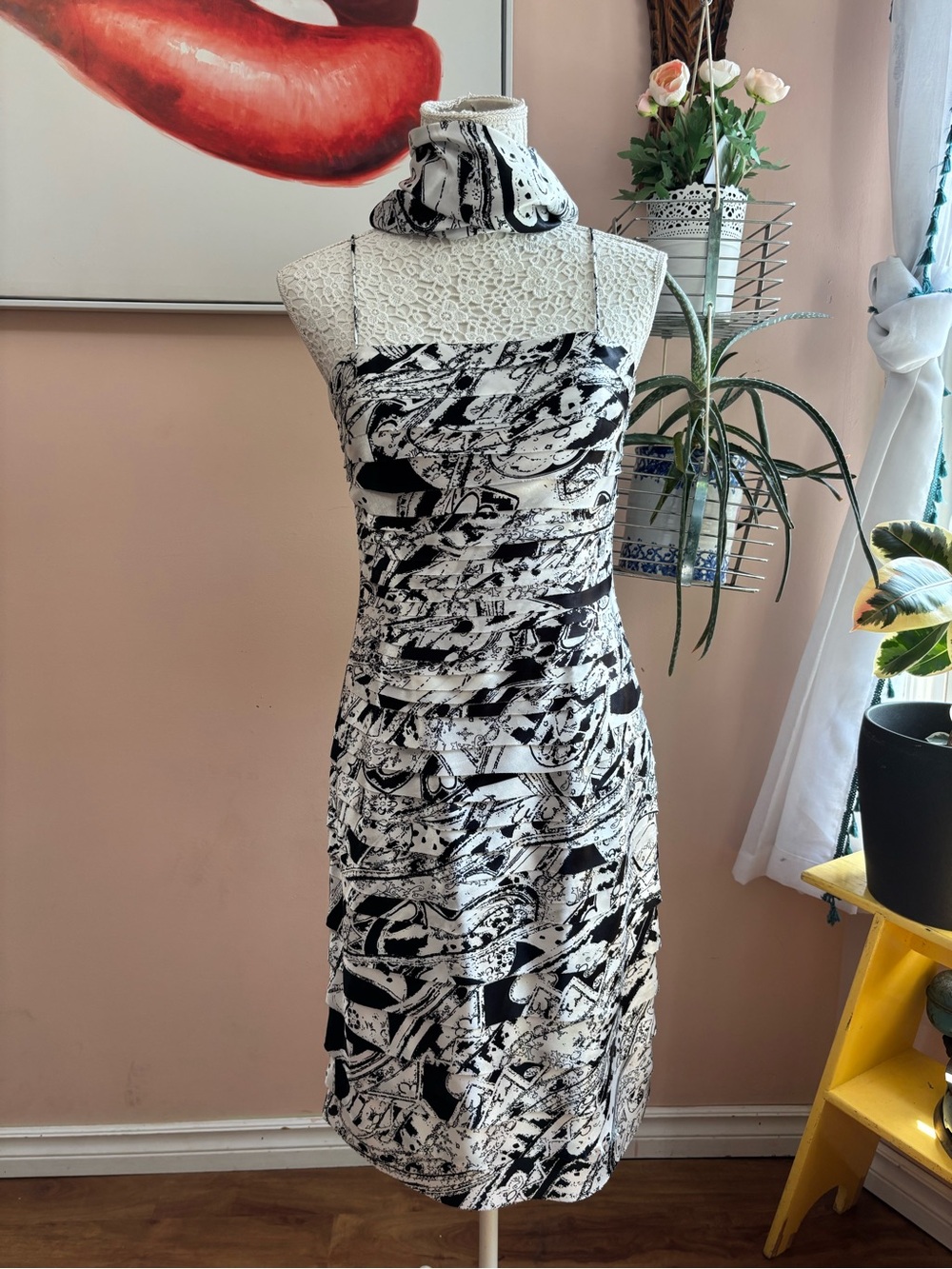 Vintage 90's Y2k Black & White Printed Dress with Matching Shawl